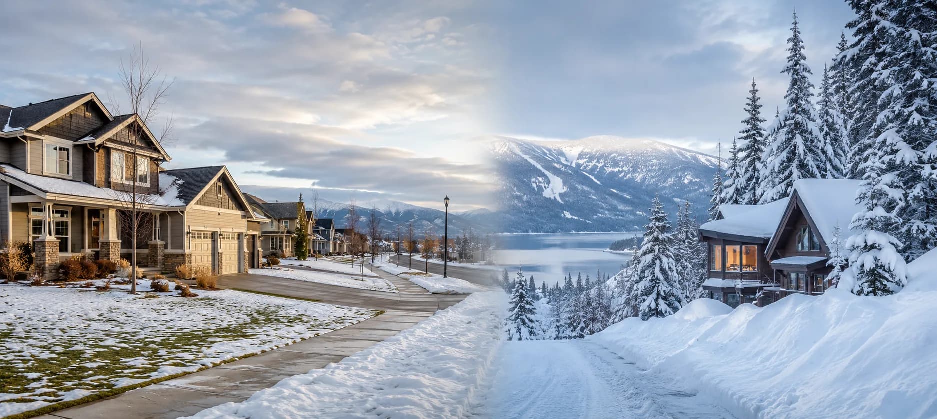 Illustration comparing an in-town winter streetscape with a snow-covered wooded home