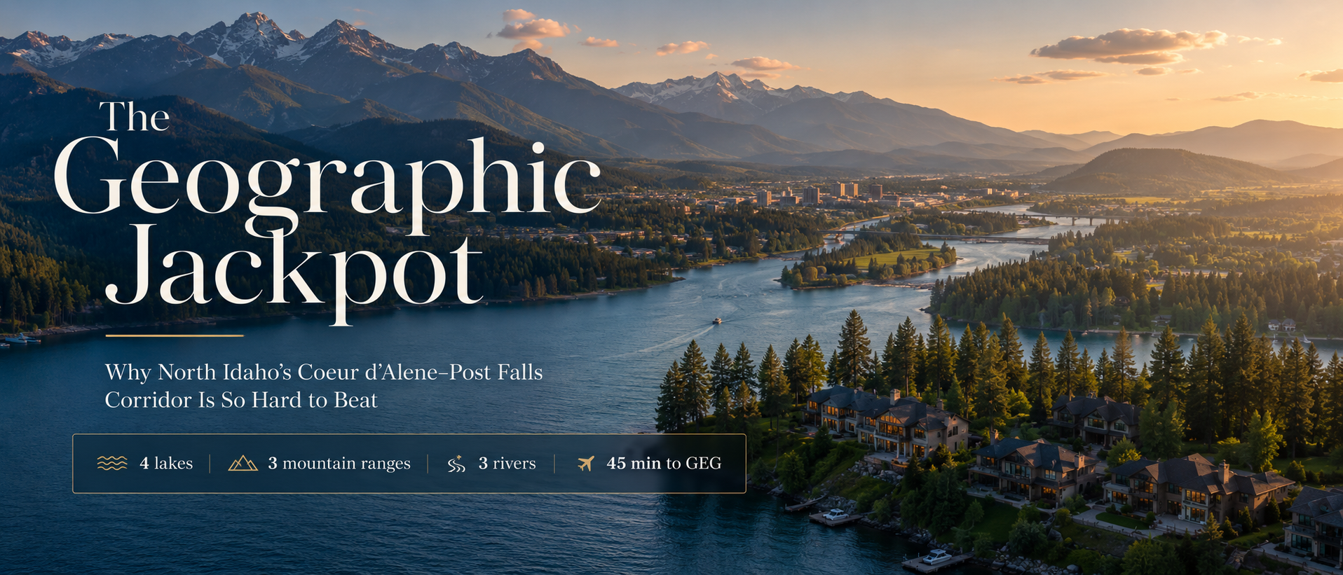 The Coeur d’Alene–Post Falls corridor — mountains, lakes, and rivers converging in one region