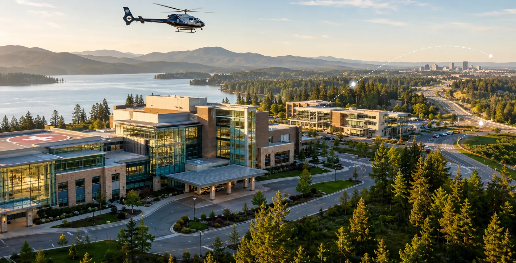 Kootenai Health regional medical center with Life Flight helicopter, Coeur d'Alene Idaho