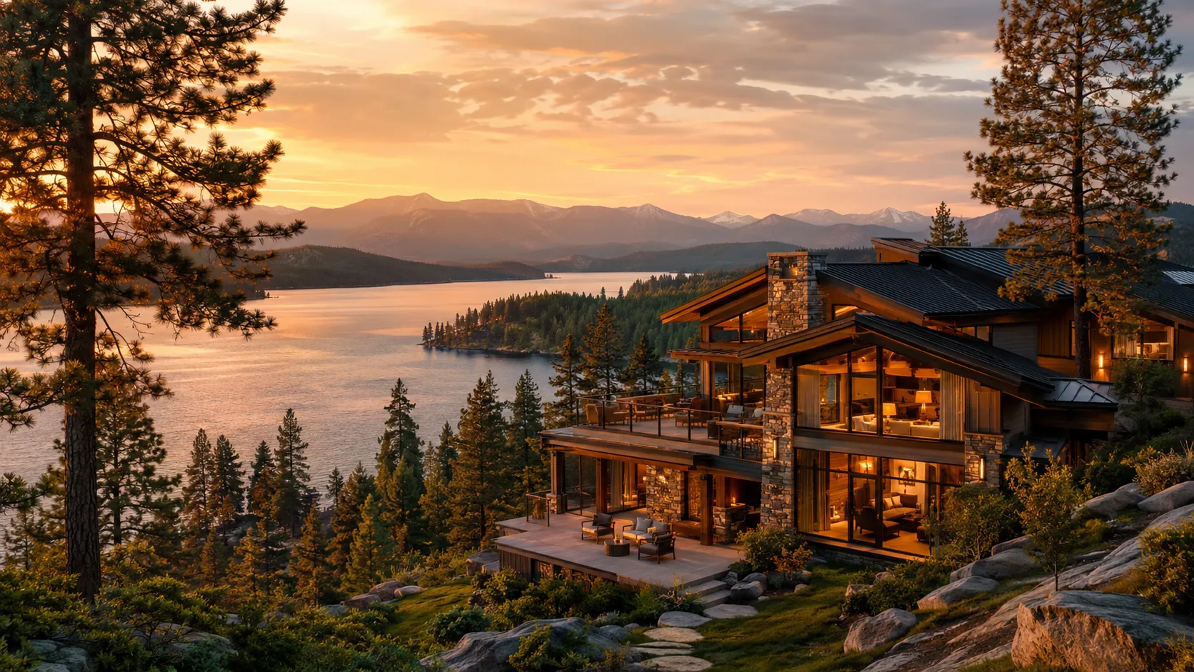 Couple reviewing a home purchase with their buyer's agent at a table overlooking a North Idaho lake